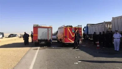 حادث تصادم مقطورة نقل وسيارتين فى المنيا